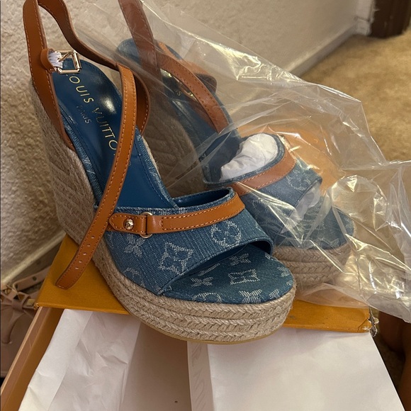 Louis Vuitton Denim Blue and Tan Wedges - Picture 1 of 3